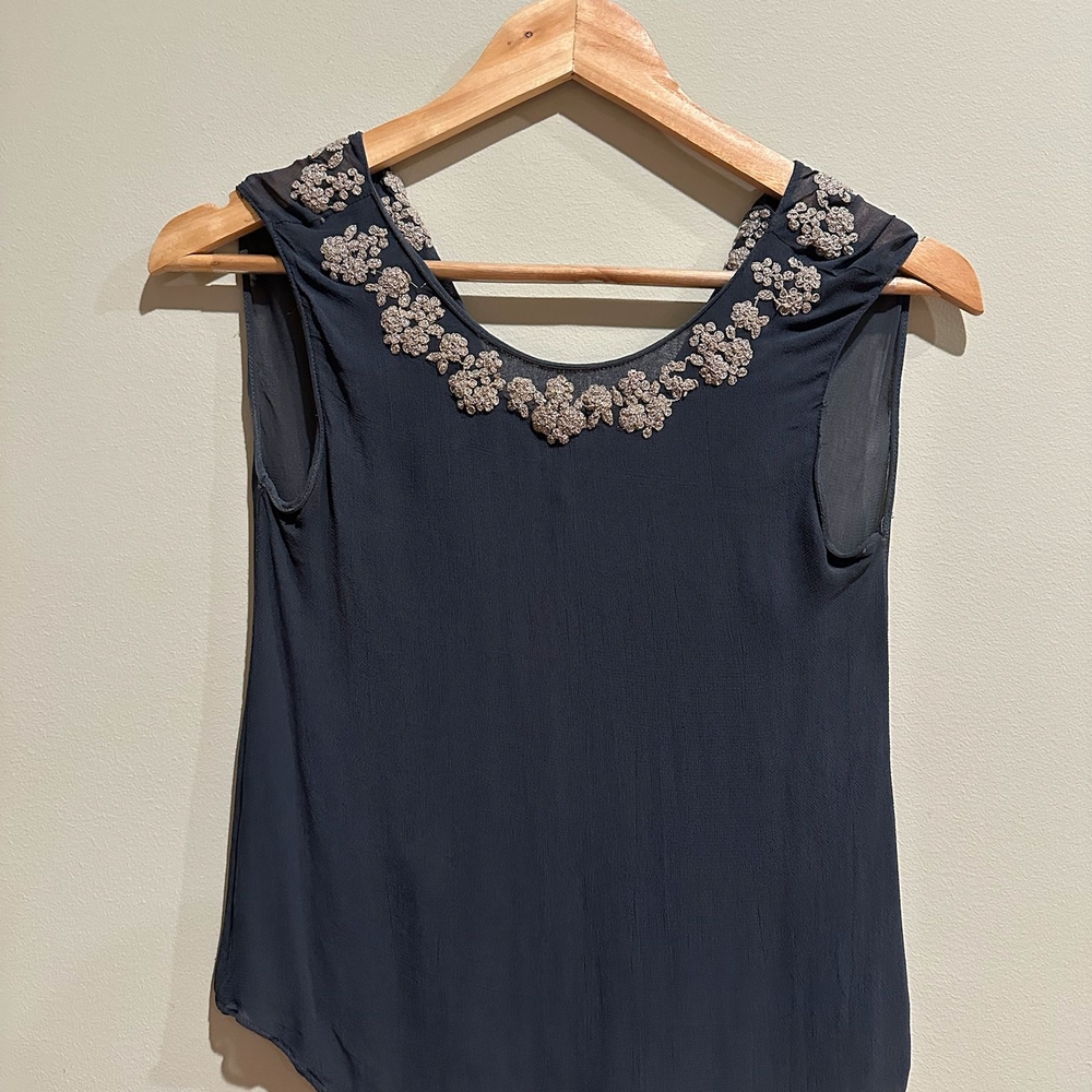 Zara Steel Blue Chiffon Top with Floral Accents